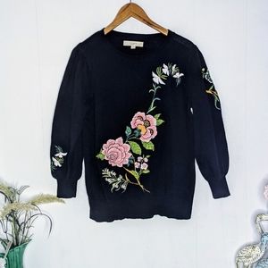 Loft Black Embroidered Floral Sweater Large